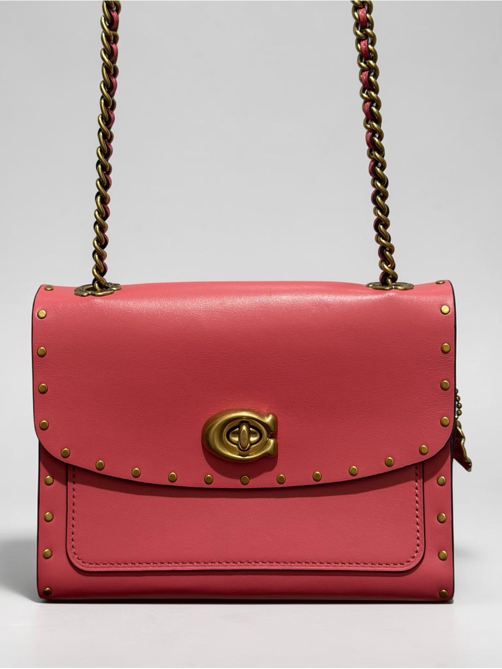 Coach Parker 18 Brass/Orchid Pink Leather Rivets & Tea Rose